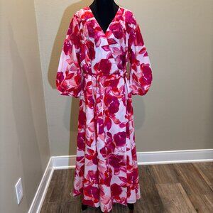 Calvin Klein Pink Red White Floral Puffed Long Sleeves Belted Dress